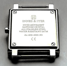 Case back of Innes and Iyer 33,0 x 33,0mm Reference 1602 Equilateral Square watch.