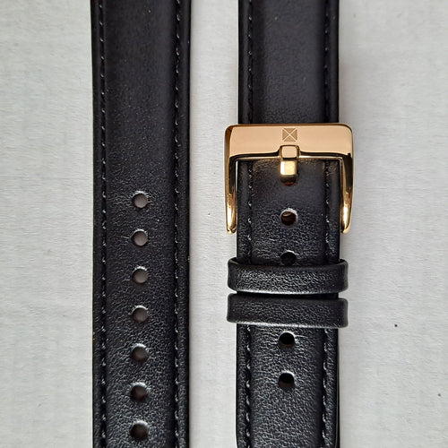 Watch strap black plain leather with gold colour buckle 20 mm.