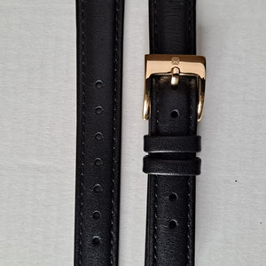 Watch strap black plain leather with gold colour buckle 16 mm.