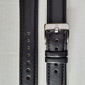 Watch strap black plain leather with stainless steel buckle 20 mm.