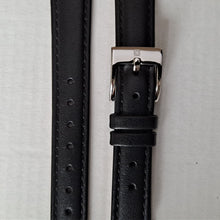 Watch strap black plain leather with stainless steel buckle 16 mm.