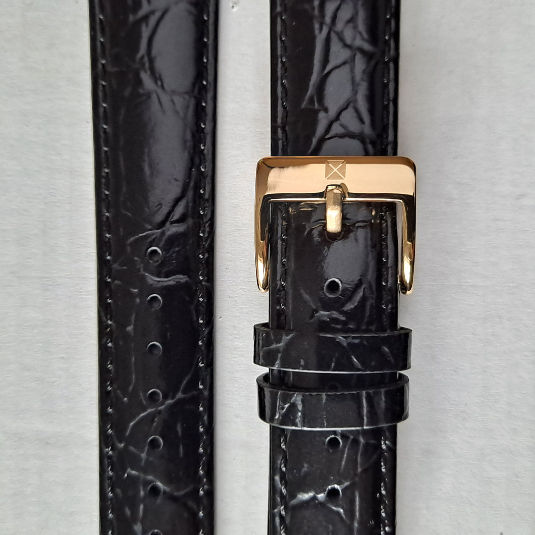 Watch strap black croc pattern leather with gold colour buckle 20 mm.