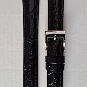 Watch strap black croc pattern leather with stainless steel buckle 16 mm.